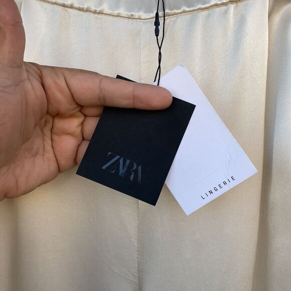 ZARA Pants Womens Sz Medium Ivory Lingerie Satin Cream High Rise Elastic Waist - Picture 9 of 13